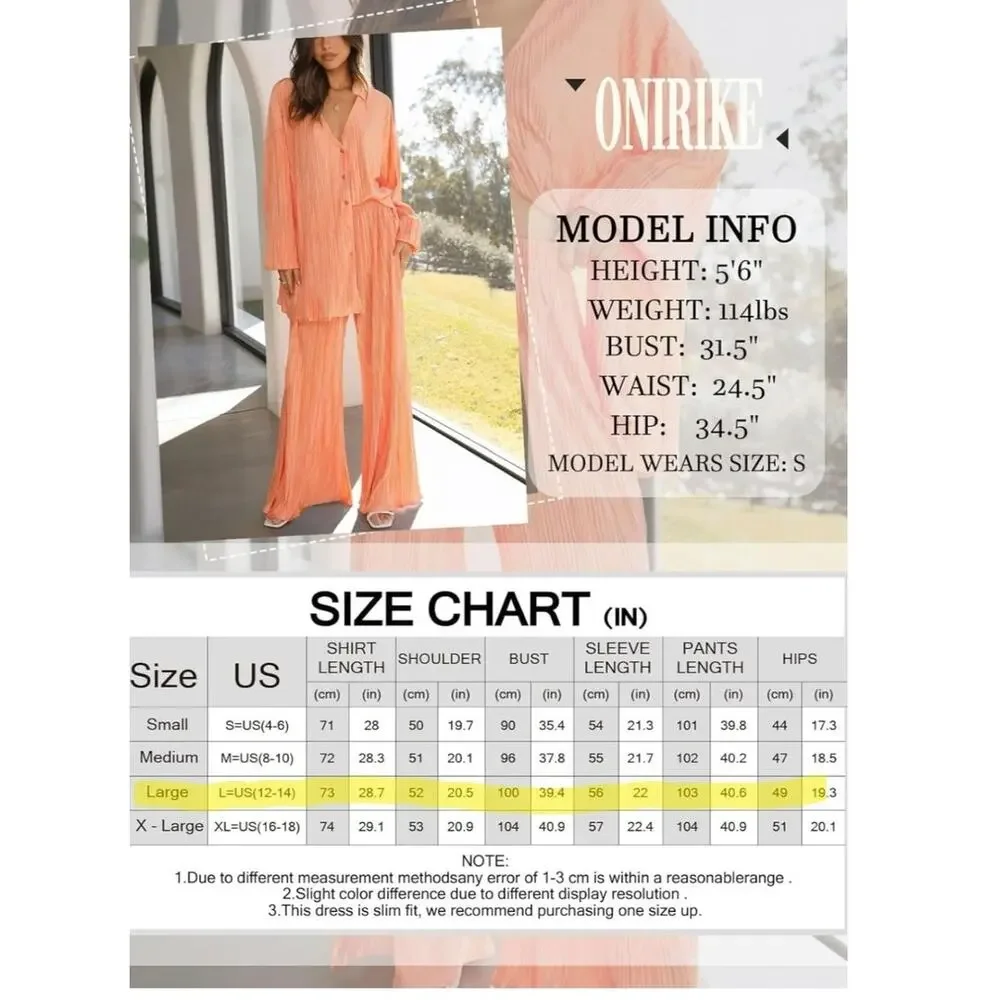 ONIRIKE 2 Pc Sweatsuit Womens SZ LRG Pleated Long Sleeve Button Up Palazzo Pants - Picture 5 of 8
